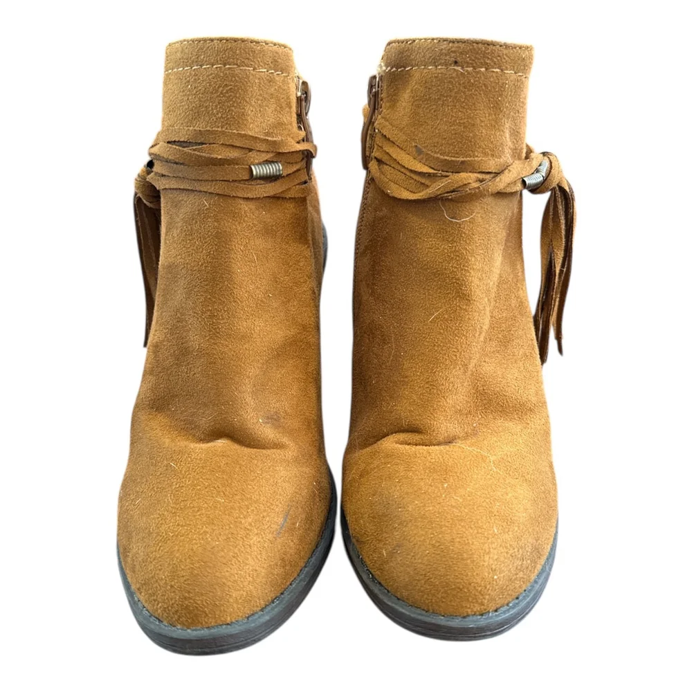 Women's Suede Ankle Boots with Fringe Detail, Tan, Size 7.5